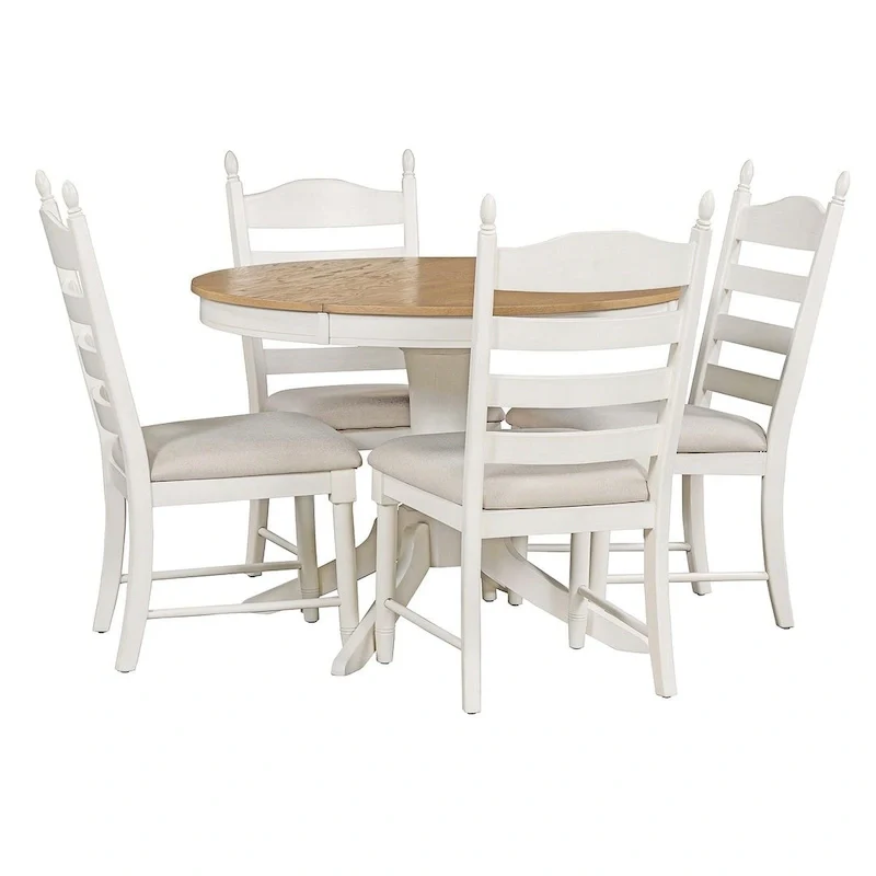 Wooden Round Drop Leaf Extendable Dining Table Set with 4 Upholstered Chairs