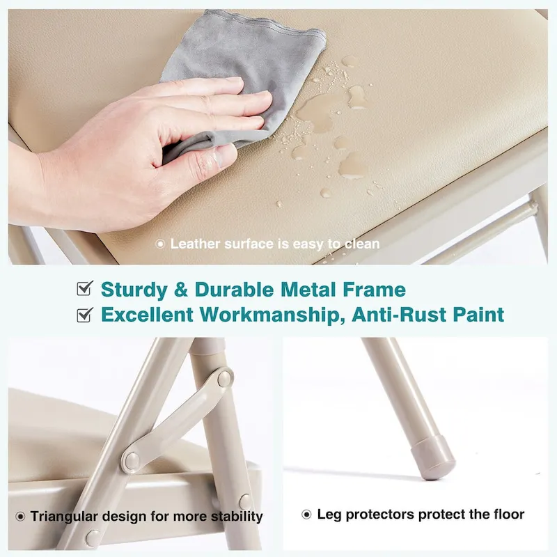 Leather Padded Folding Chairs, Sturdy Metal Foldable Chairs (Set of 2)