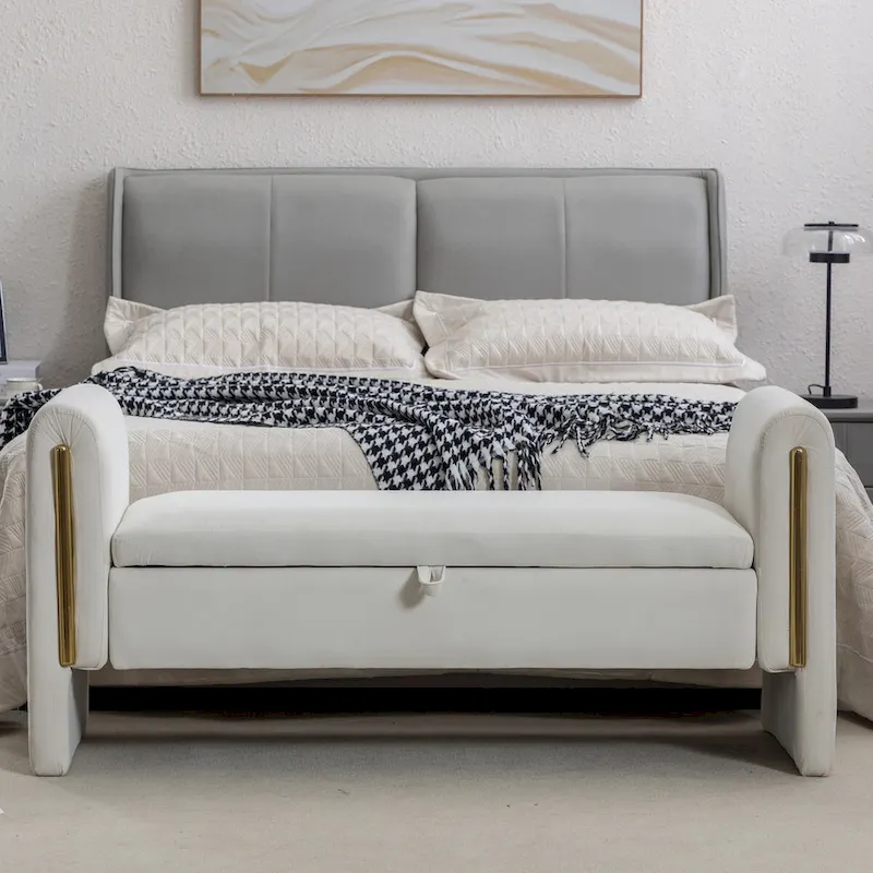 Velvet Fabric Storage Bench Bedroom Bench With Gold Metal Trim Strip For Living Room Bedroom Indoor,Ivory