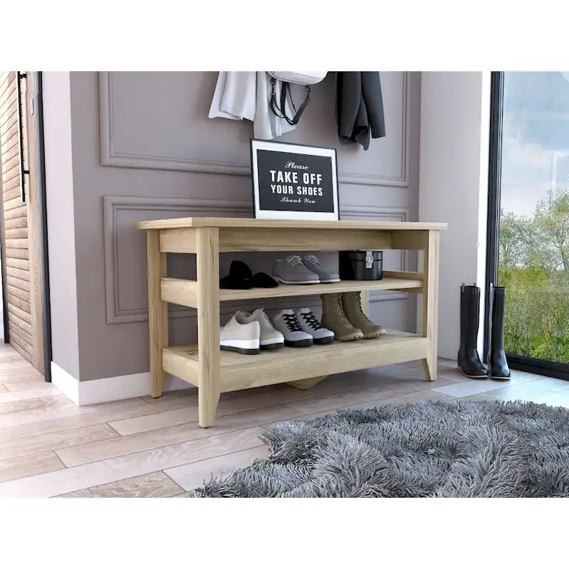 Light Oak / Black Storage Bench with 2 Open Shelves, 4 Legs