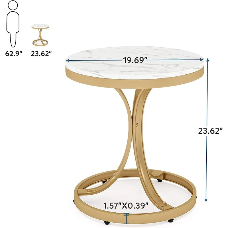 Round Side Table with Faux Marble Top and C-Shaped Metal Legs