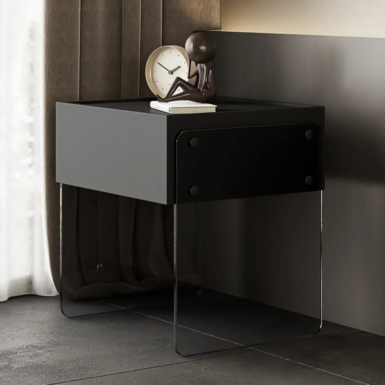 Modern Black Wood Nightstand with Glass Legs Drawer Storage