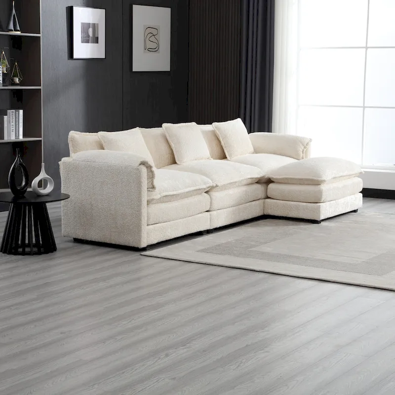 Beige 112.2  L-Shape 4-Seater Sectional Sofa in Modern Boucle Fabric with Removable Cushions and Detachable Armrests