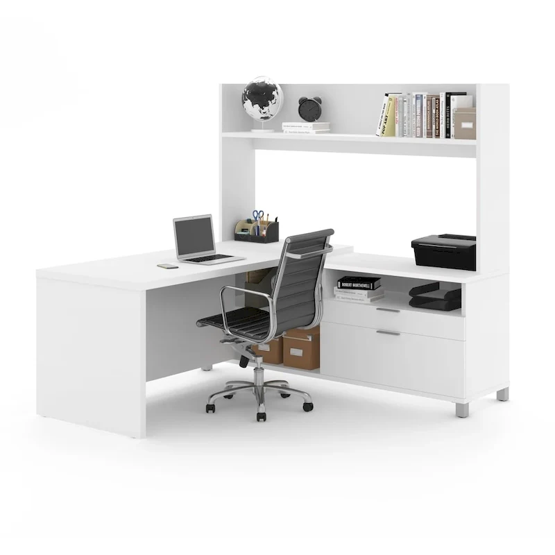 White / Walnut Grey L-Shaped Desk with Open Hutch, Single-Person
