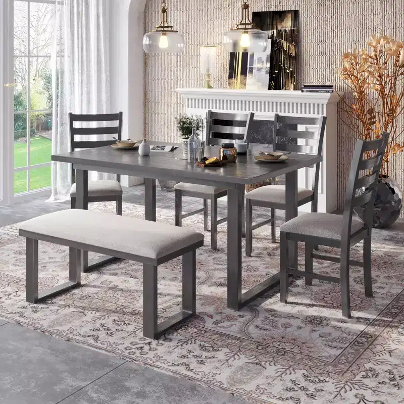 Whisen 6-Pieces Solid Wood Dining Table Set with Rectangular Table and 4 Chairs and Bench - Gray