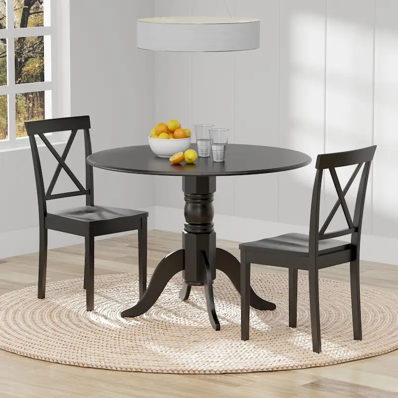 3-Piece Dining Set, 42 Round Drop-Leaf Table and X-Back Chairs
