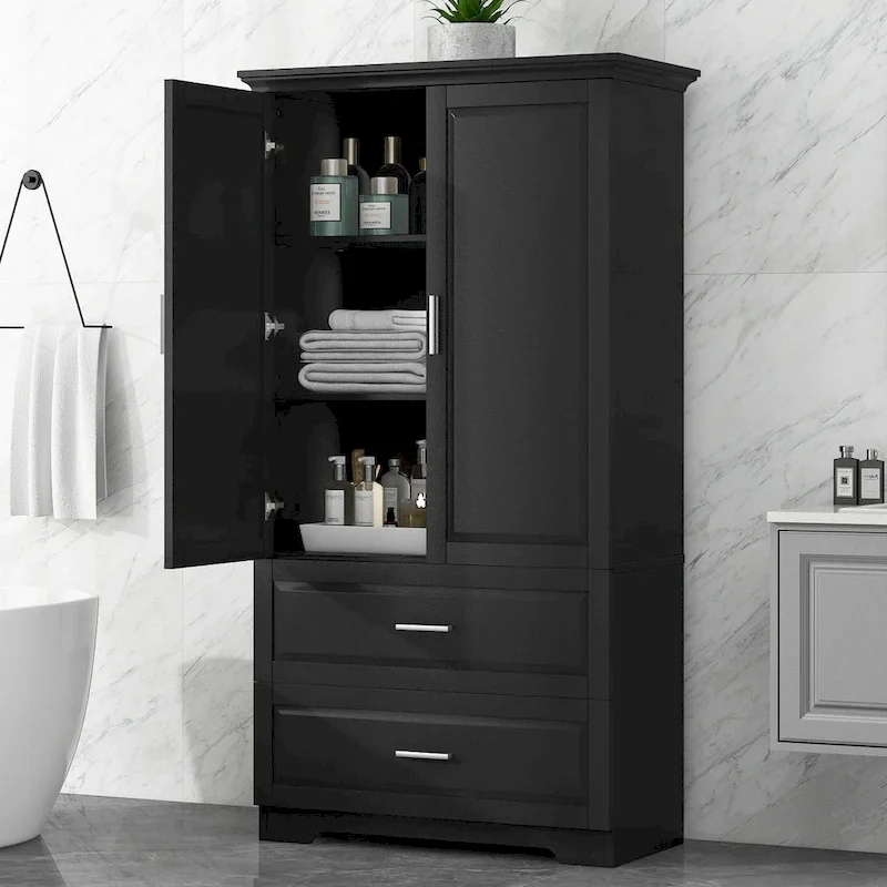 Black Tall Bathroom Storage Cabinet with 2 Doors, Drawers & Adjustable Shelf