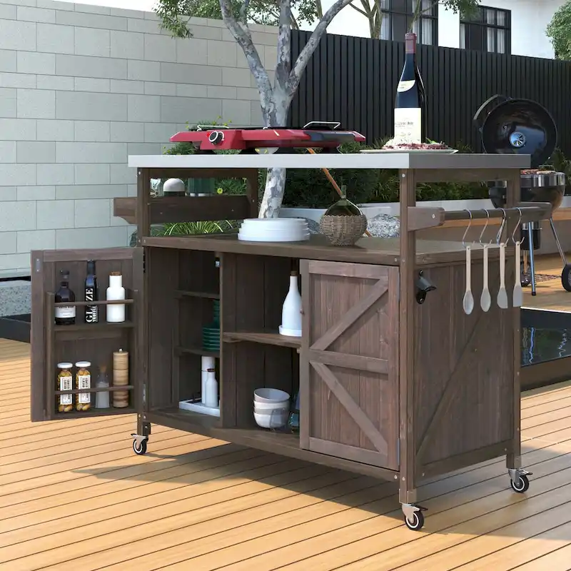 Outdoor Kitchen Island, Rolling Bar Cart & Storage Cabinet,Solid Wood Grill Table with Stainless Steel Top,Spice Rack,Towel Rack