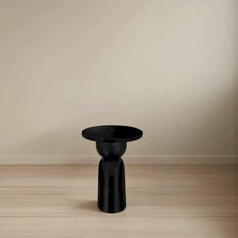 Tia 12 Inch Round Side End Table with Turned Pedestal Base, Mango Wood in Matte Black Finish