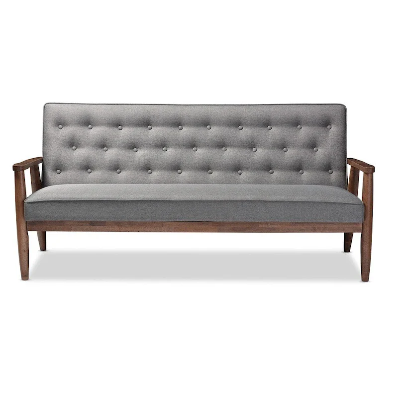 3-Seat Mid-Century Sofa, Button-Tufted, Rubberwood Frame, Polyester Fabric, Grey, 3-Person Use