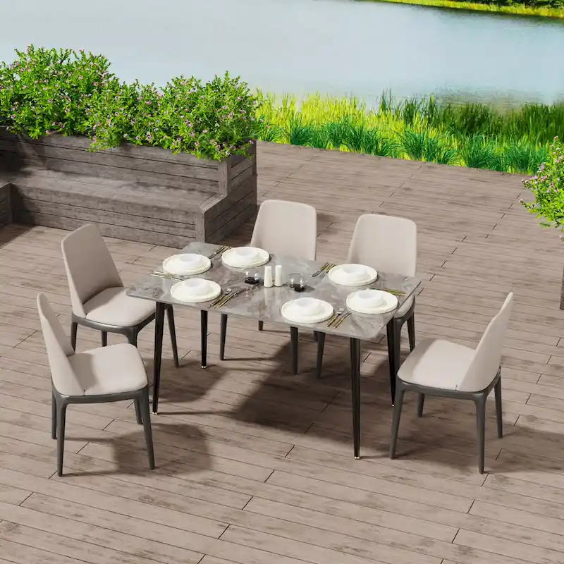 6 Seater Kitchen Dining Table Modern Marble Tabletop Rectangular with Tapered Metal Legs