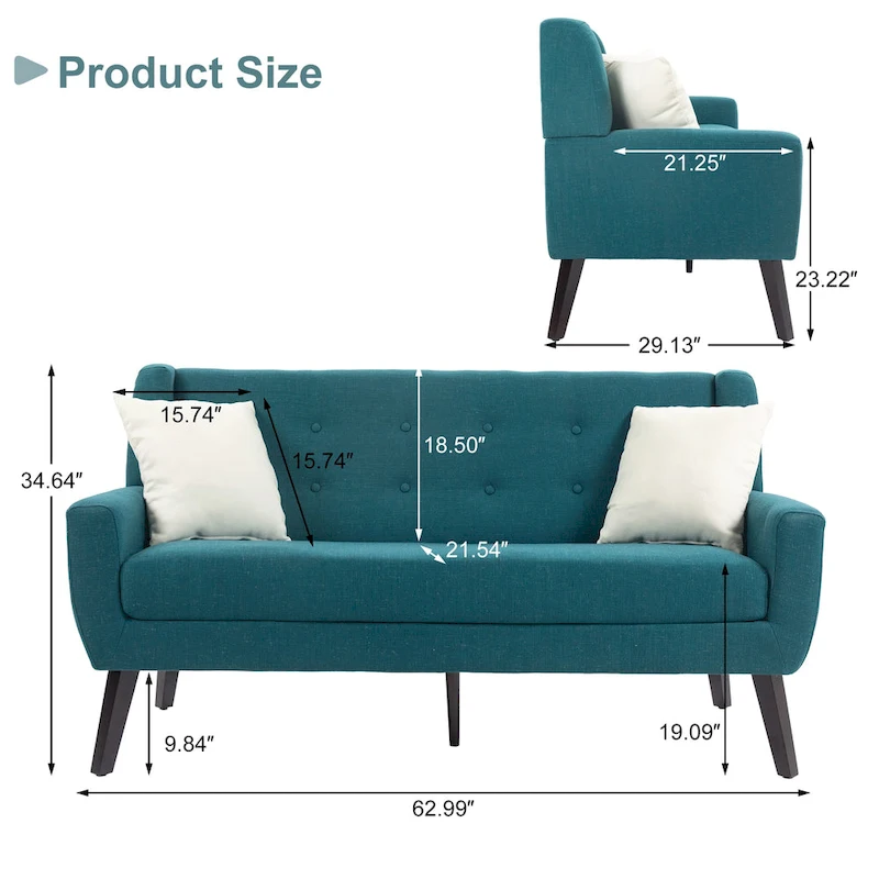 Modern Curved 63  Button Tufted Upholstered Loveseat with 2 Pillows