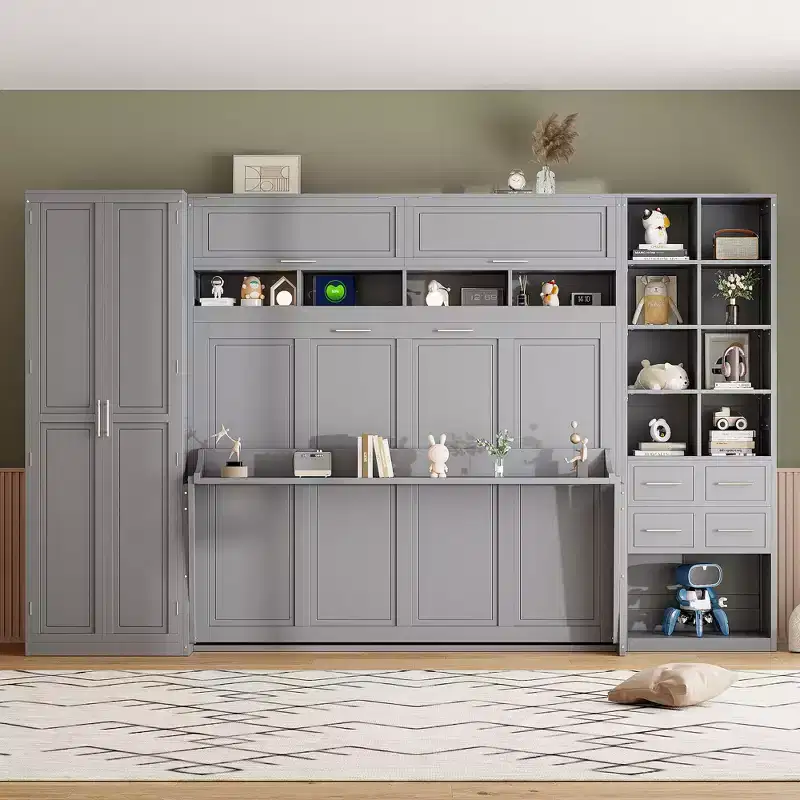 Queen Size Murphy Wall Bed with Built-In Closet, Drawers & Open Shelves, Space-Saving Storage Cabinet Bed, Gray/White - ModernLuxe