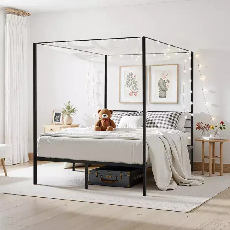 Queen Canopy Bed Frame Metal Four Poster with Underbed Storage - Heavy Duty 800 lbs