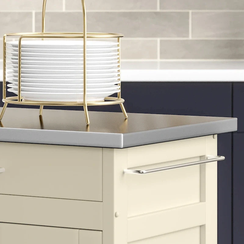 Puff Island White Finish with Stainless Steel Top Kitchen Cart