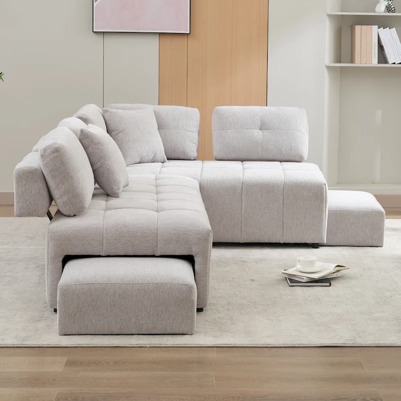 91.73 L-Shaped 4-Seat Sectional Sofa with 2 Hidden Stools, 2 Removable Lumbar Cushions, and Durable Chenille Fabric