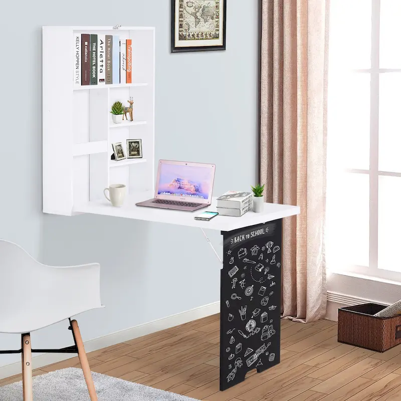 Wall-Mounted Foldable Desk with Blackboard and Storage Shelves