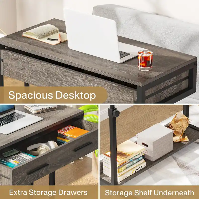Height-Adjustable Side Table with Drawers and Wheels