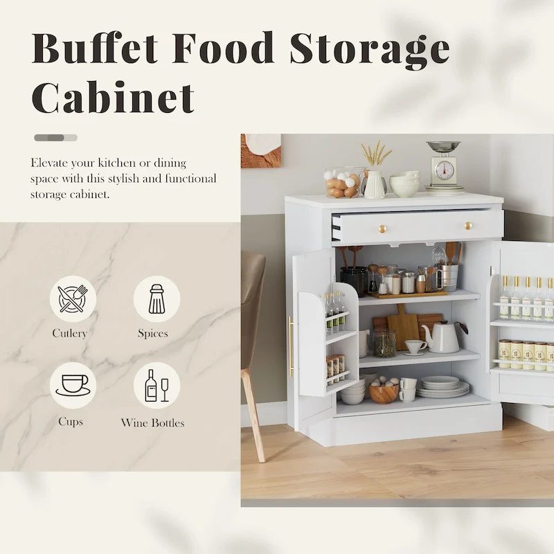 Modern Freestanding Kitchen Pantry,Buffet Food Storage, Coffee Bar Cabinet with Drawer, 2 Adjustable Shelves and 2 Door Shelves