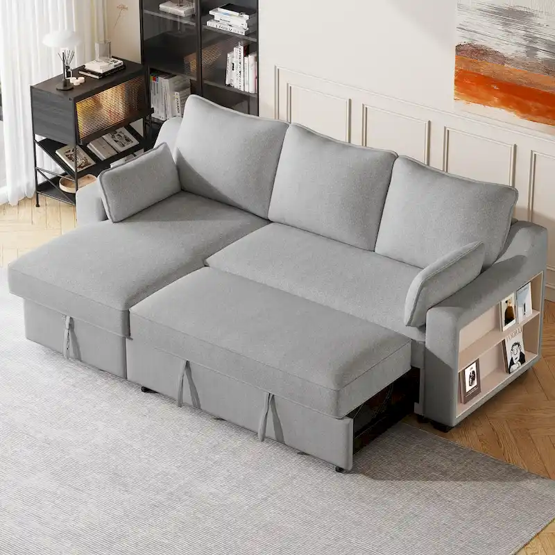 L-Shaped Reversible Sleeper Sectional Couch Pull Out Sofa Bed with Storage Racks, 2 Pillows and USB Port for Living Room