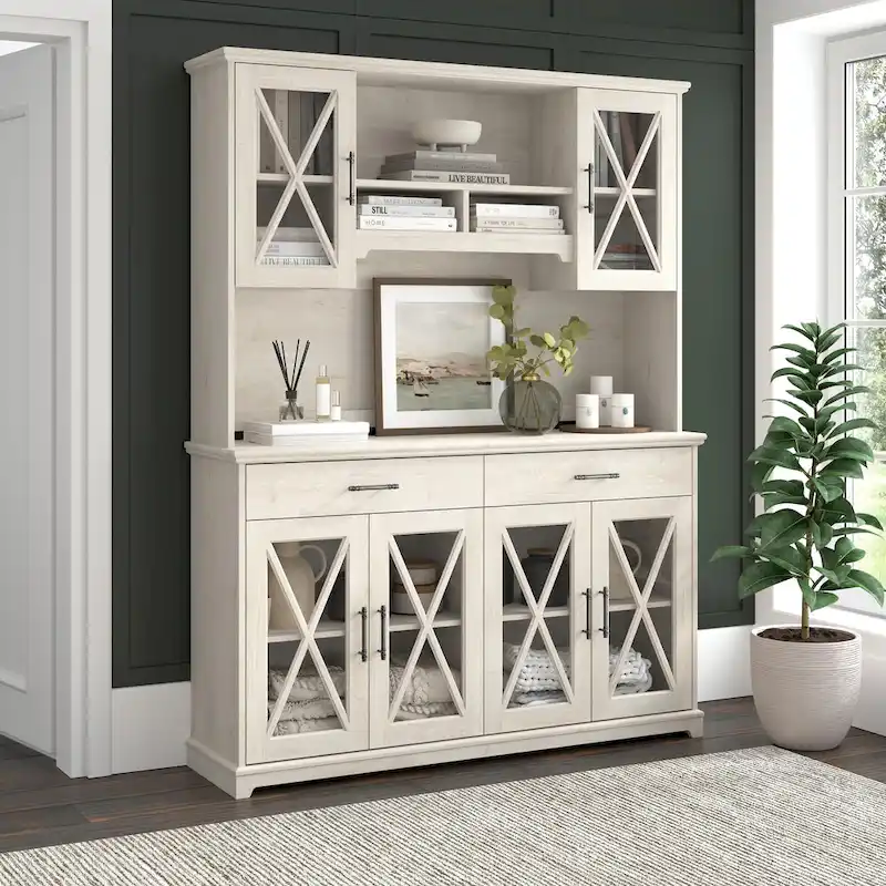 Linen White Oak 60W Farmhouse Sideboard Buffet Cabinet with Hutch, 1-Set