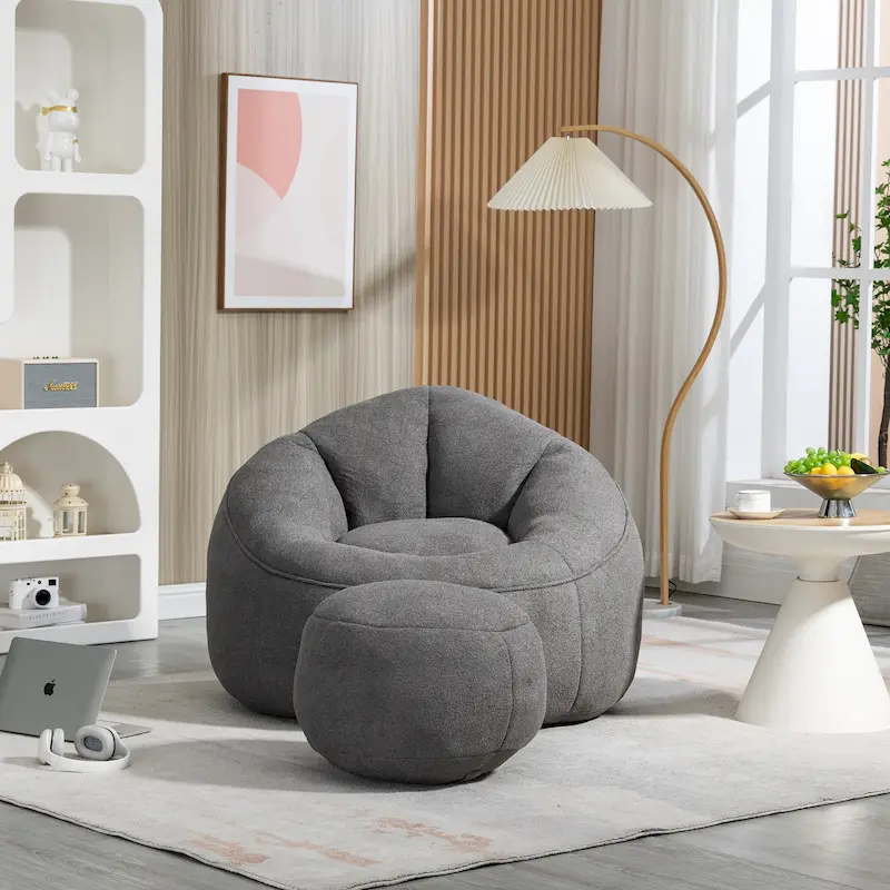 Grey / Blue / Beige Bean Bag Sofa Chair with Footrest, Single Seat