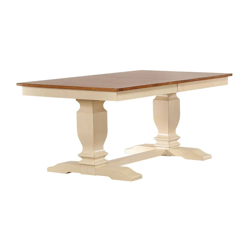 Double Pedestal Transitional Antiqued Caramel/Biscotti Napoleon Back Dining Table with 6 Chairs