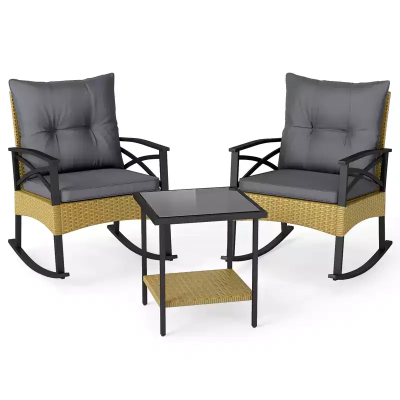 Gymax 3-Piece Patio Rocking Chair Set w/Tempered Glass Bistro Table