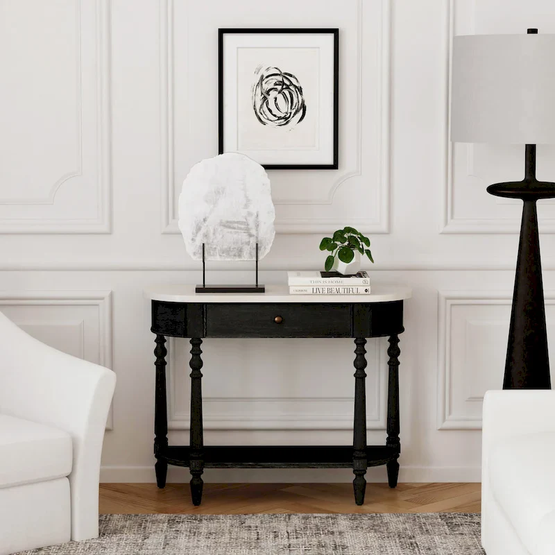 Light Brown / Grey / Washed Black Genuine Marble Top Demilune Console Table with Mahogany Wood Base
