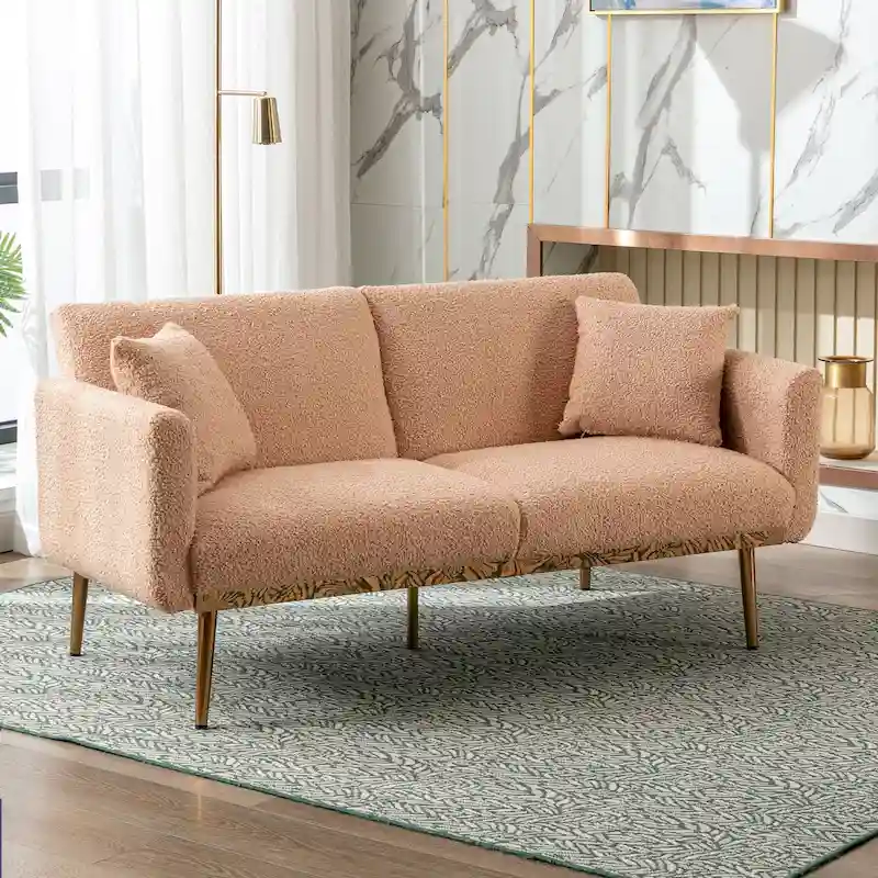 Teddy Fabric Upholstered Tufted Loveseats Sleeper Sofa With Rose Golden Legs