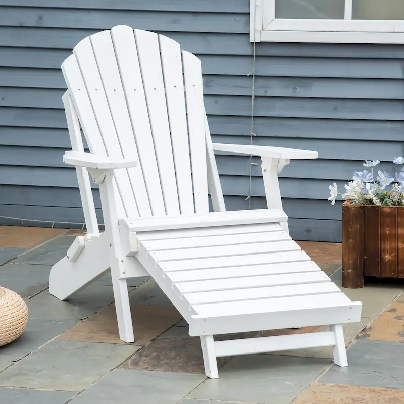 Outsunny Folding Adirondack Chair with Pull Out Ottoman, Outdoor Fir Wood Fire Pit Chair with Footrest, Porch Fanback Lounge