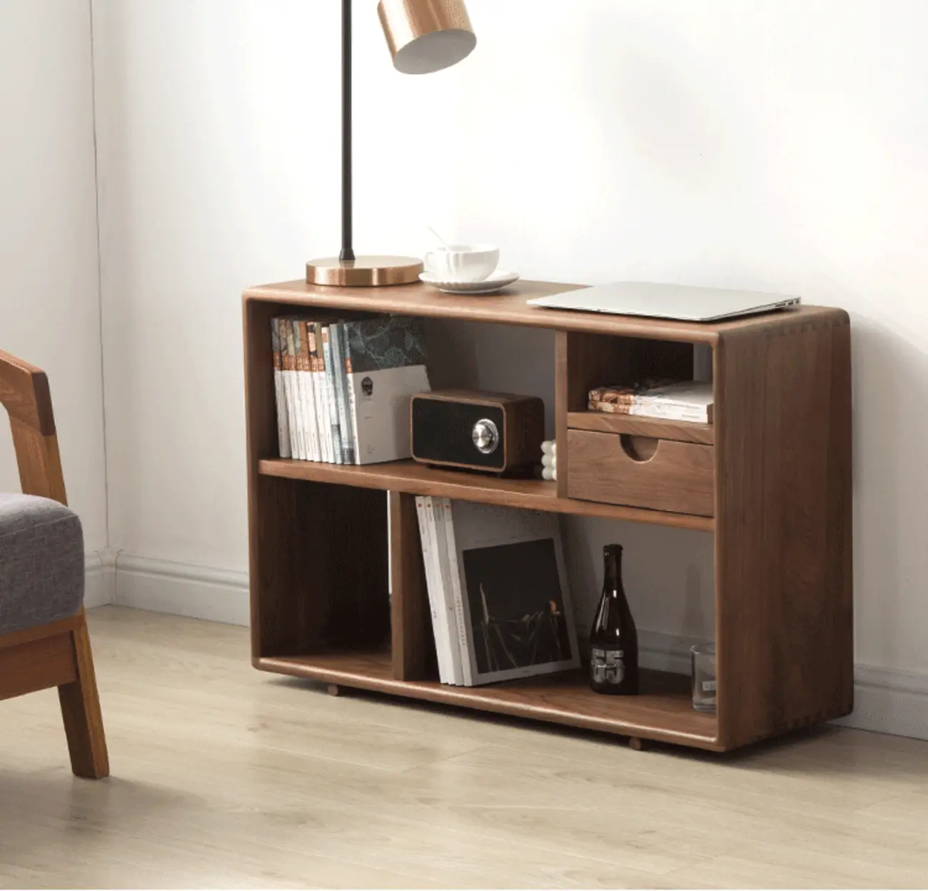 Walnut Wooden Open Shelving End Table for Living Room