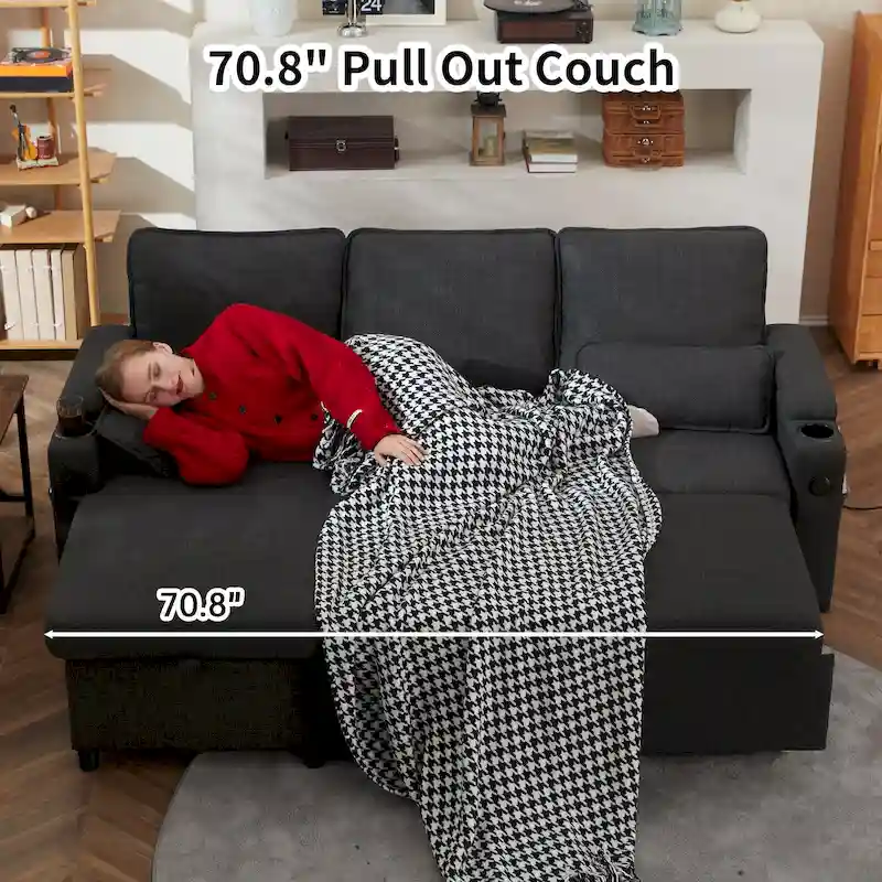 80 L-Shaped Sofa Couch Bed, Sofa Sleeper with Pull Out Bed, Reversible Sleeper Sofa Bed