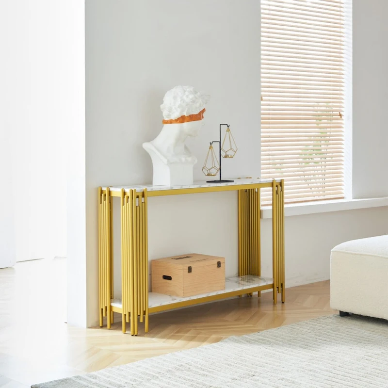 2 Tier Faux Marbling Console Table, Living Room Sofa Table, Modern Narrow Entryway Table, Hallway Entrance Table