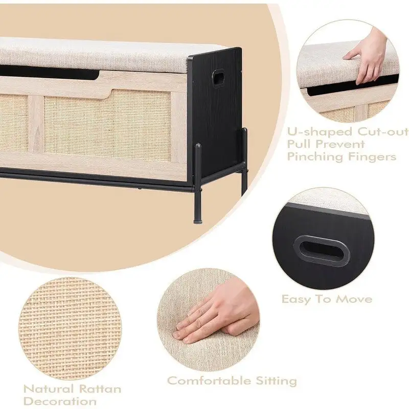 Oak & Black Rattan Storage Bench, Single Seat, for Entryway / Bedroom