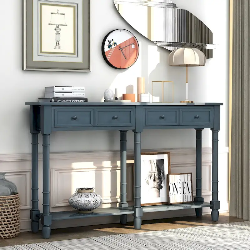 TREXM Solid Wood Console Table with Storage Drawers and Bottom Shelf