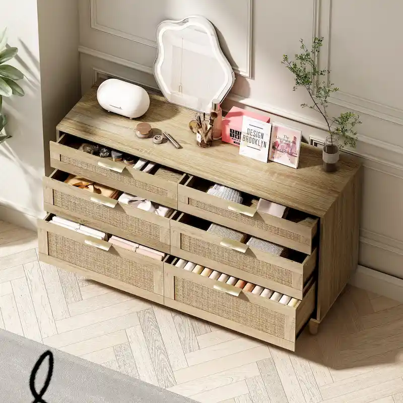 6-Drawer Dresser with Rattan Fronts, Metal Handles and Wood Legs