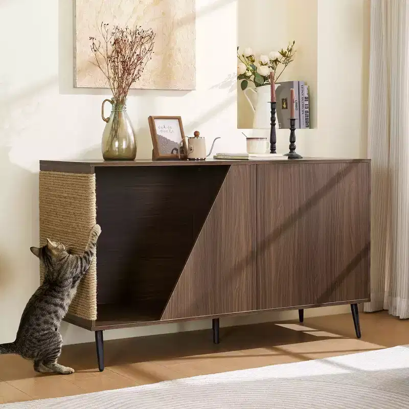 JVNOXK 53-inch Cat Furniture 2-in-1 Modern Walnut Sideboard with Spring-Loaded Door, Litter Box Enclosure, and Scratching Post Walnut Finish
