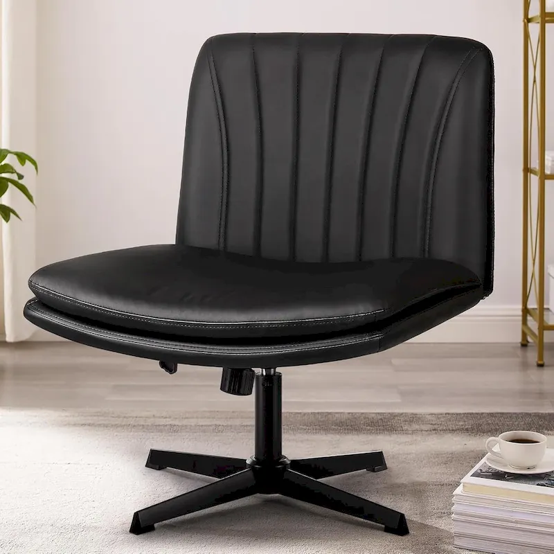 Armless Criss Cross Office Desk Chair - PU Leather Swivel Vanity Chair No Wheels
