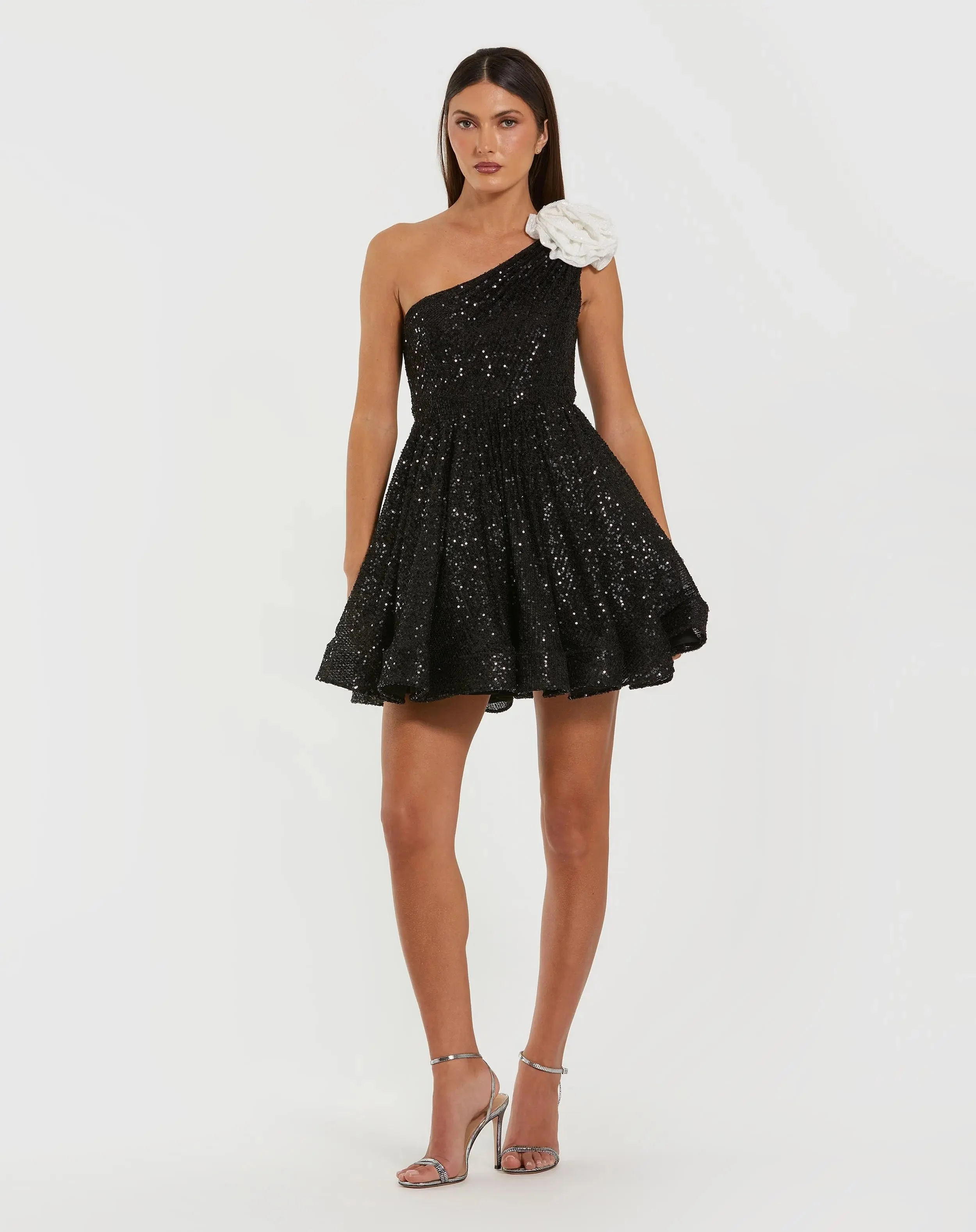 Black One Shoulder Sequin Mini Dress With 3D Flower