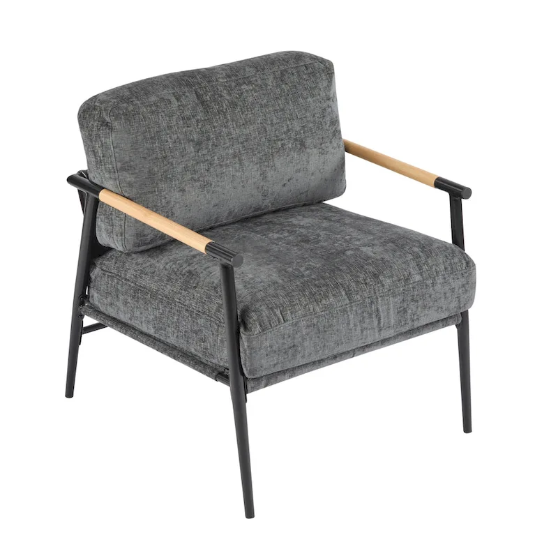 Polyester Accent Chair with Metal Frame & Wooden Armrests