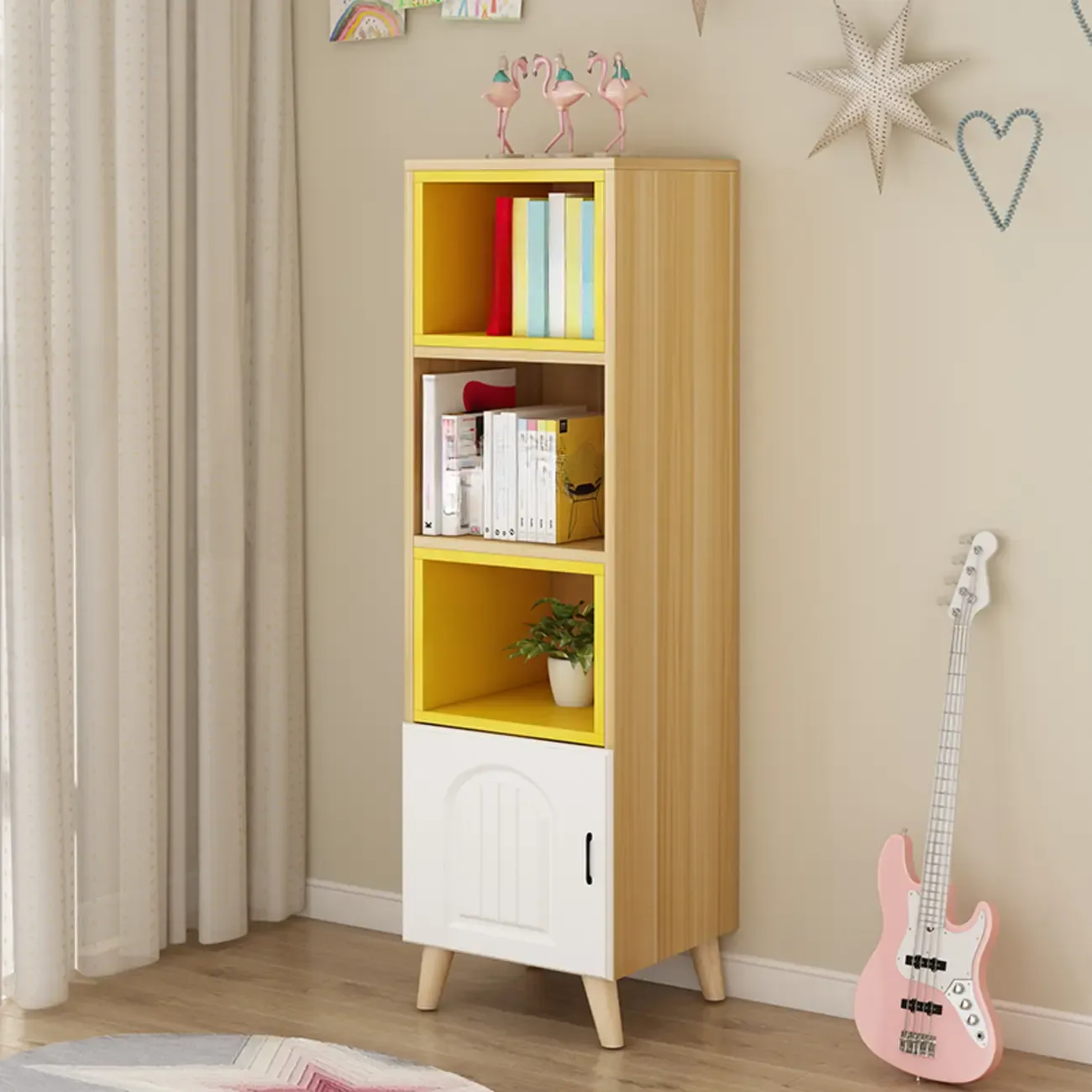 Wood 3-Tier White and Yellow Cube Bookcase with Cabinet