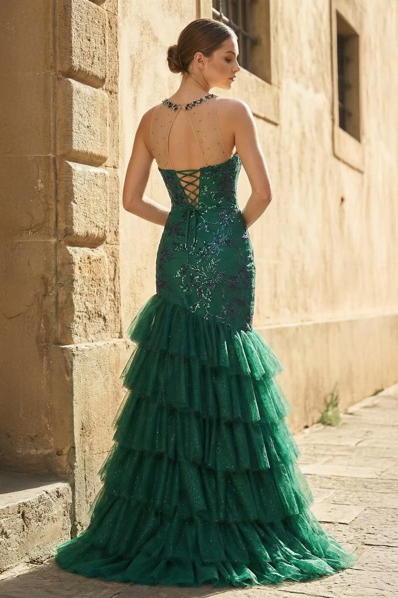Emerald Scoop Neck Mermaid Tulle Ruffled Long Prom Dresses With Sequins