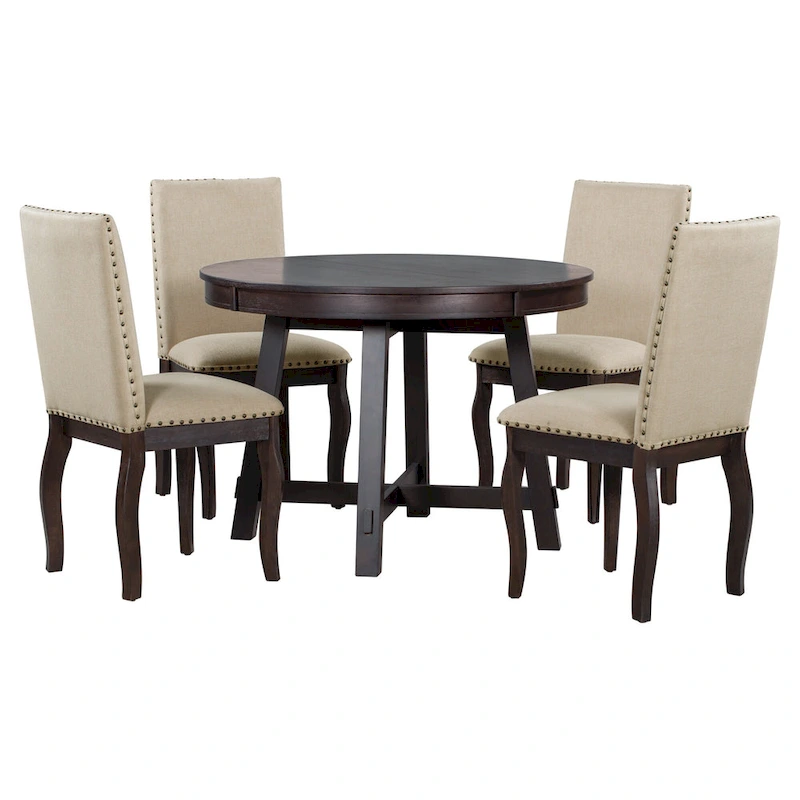 5-Piece Wooden Dining Table Set with Extendable Round Table & 4 Chairs