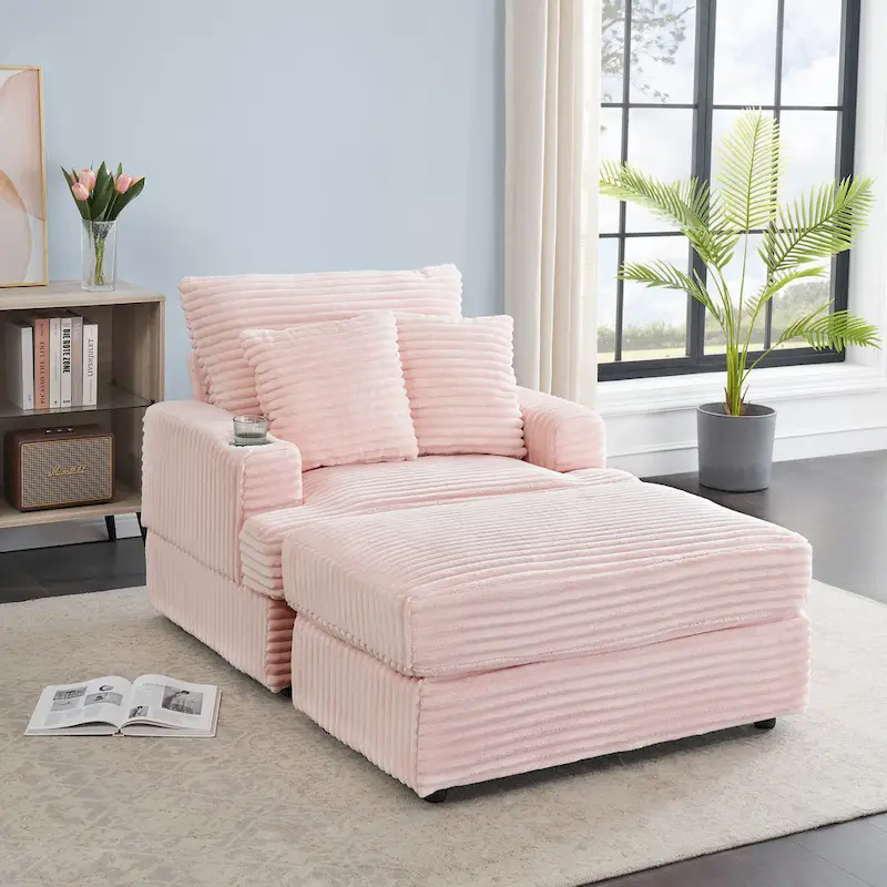 Pink Corduroy Reclining Armchair with Ottoman & Cup Holder – 1-Seat