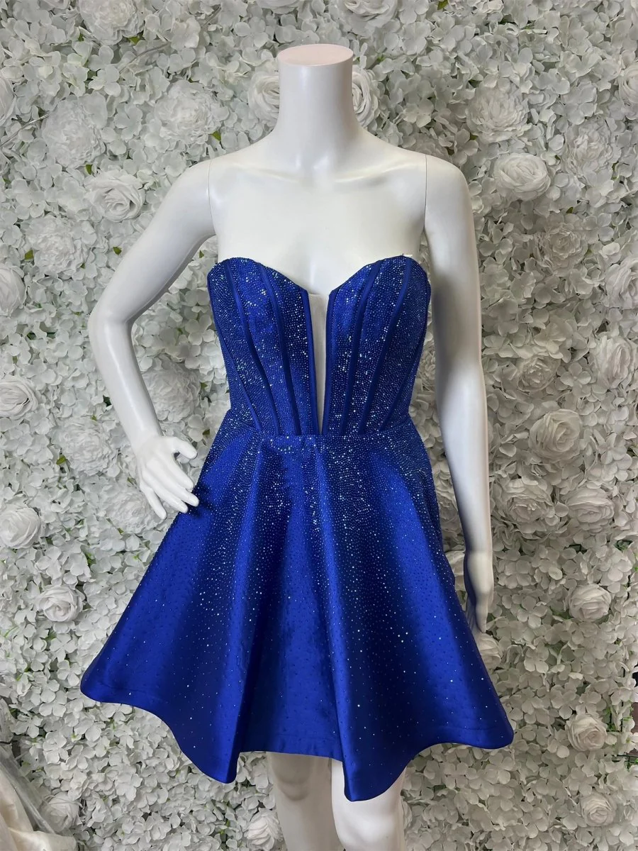 Royal Blue - A Line Strapless Blue Satin Short Homecoming Dresses with Beading