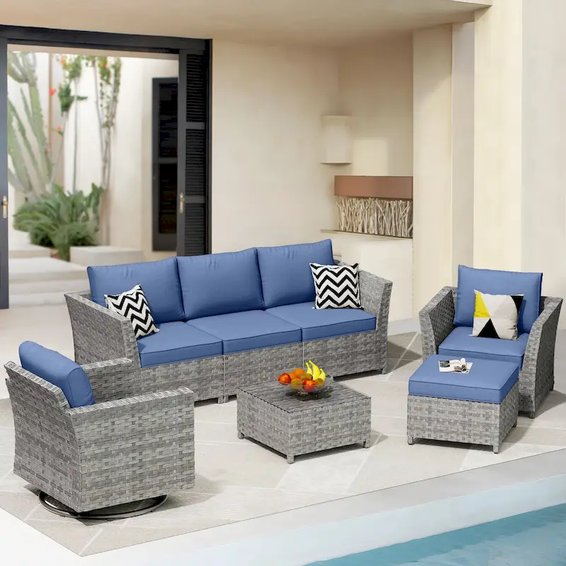 HOOOWOOO 7-piece PE Wicker Outdoor Furniture Sectional Set with Swivel Rocking Chair