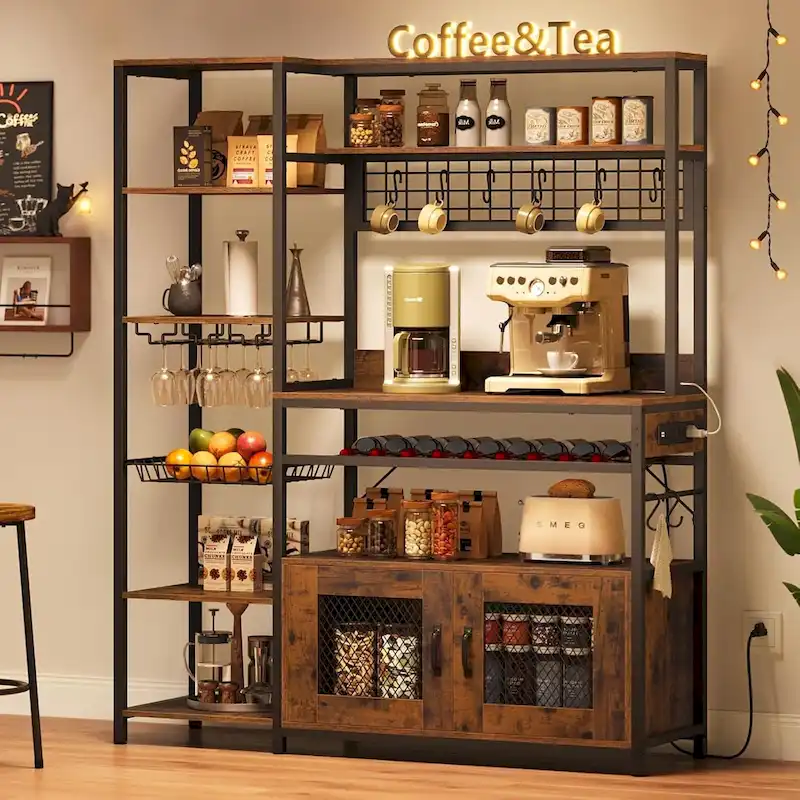 47.2 in Bakers Rack with Power Outlet Coffee Bar with Cabinet
