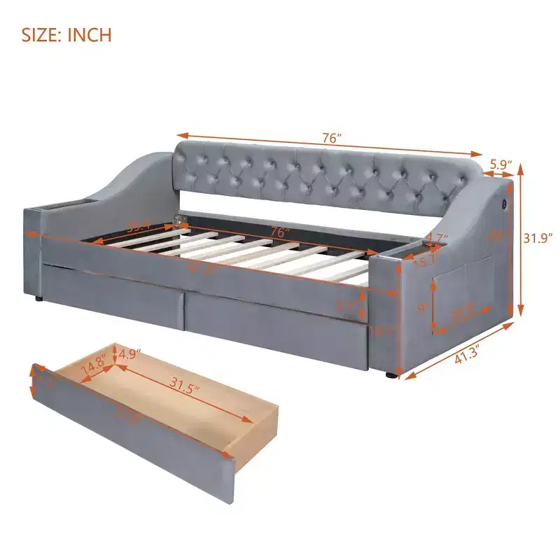 Luxystar Twin Size Upholstered Daybed with 2 Storage Drawers, Armrests and USB Ports, Tufted Backrest Sofa Bed for Living Room