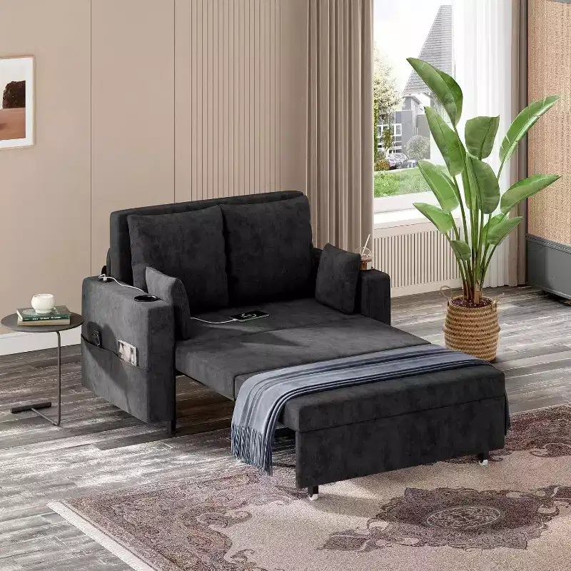 3-in-1 Pull-Out Sleeper Loveseat, 56 Sofa Bed with Cup Holders and USB Ports, Full-Size Sleeper Sofa for Small Spaces, Supports 1000lb, Black Fabric